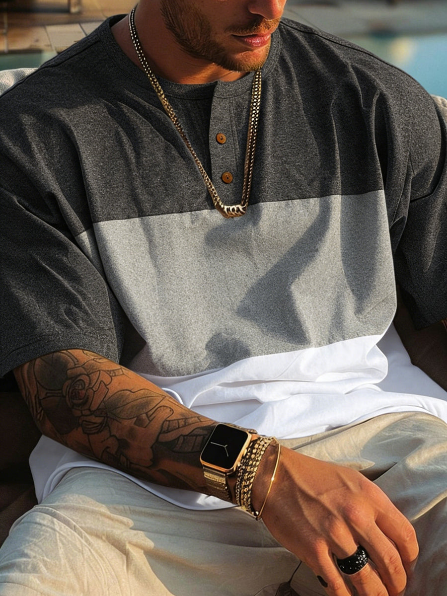 2026 New Men'S Casual T-Shirt, Dark Gray Ash White Three-Color Patchwork, Round Neck Loose Fit Perfectly Matches Street Fashion, a Hot Item. Combines Athletic Breathability And Casual Texture, Suitable for Daily Commute And Outings - White