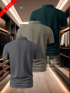 3pcs Men's Classic Polo Shirt Set, Casual and Comfortable Stretch Lapel Button- Short-sleeve Shirt, Suitable for Outdoor Sports and Leisure, Made of Breathable, Comfortable, and Elastic Fabric - Dark Gray + Khaki + Ink Green