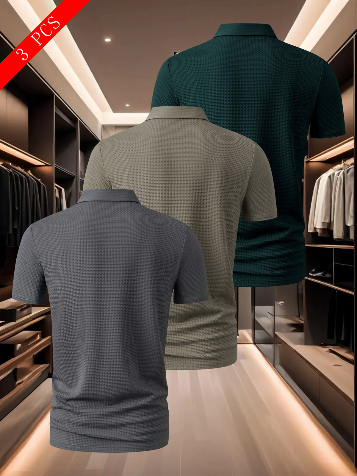3pcs Men's Classic Polo Shirt Set, Casual and Comfortable Stretch Lapel Button- Short-sleeve Shirt, Suitable for Outdoor Sports and Leisure, Made of Breathable, Comfortable, and Elastic Fabric - Dark Gray + Khaki + Ink Green
