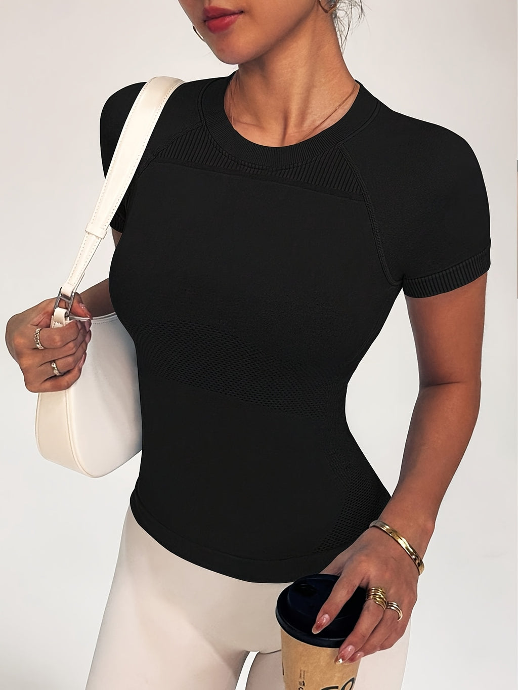 Solid Color Women'S Casual Sports T-Shirt, Slim Fit Versatile Workout Top, Soft And Comfortable Stretchy Breathable Yoga Short Sleeves, Women'S Sportswear - Black