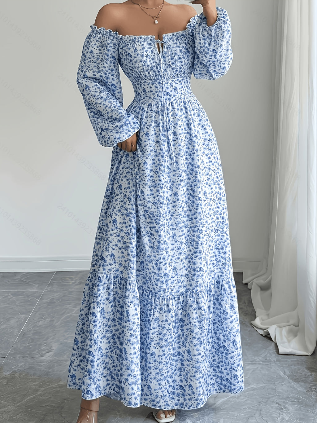 Fashion Temperament Elegant Mid-Length Floral Print Puff Sleeve Long Sleeve Dress Women'S 930 - Multicolor