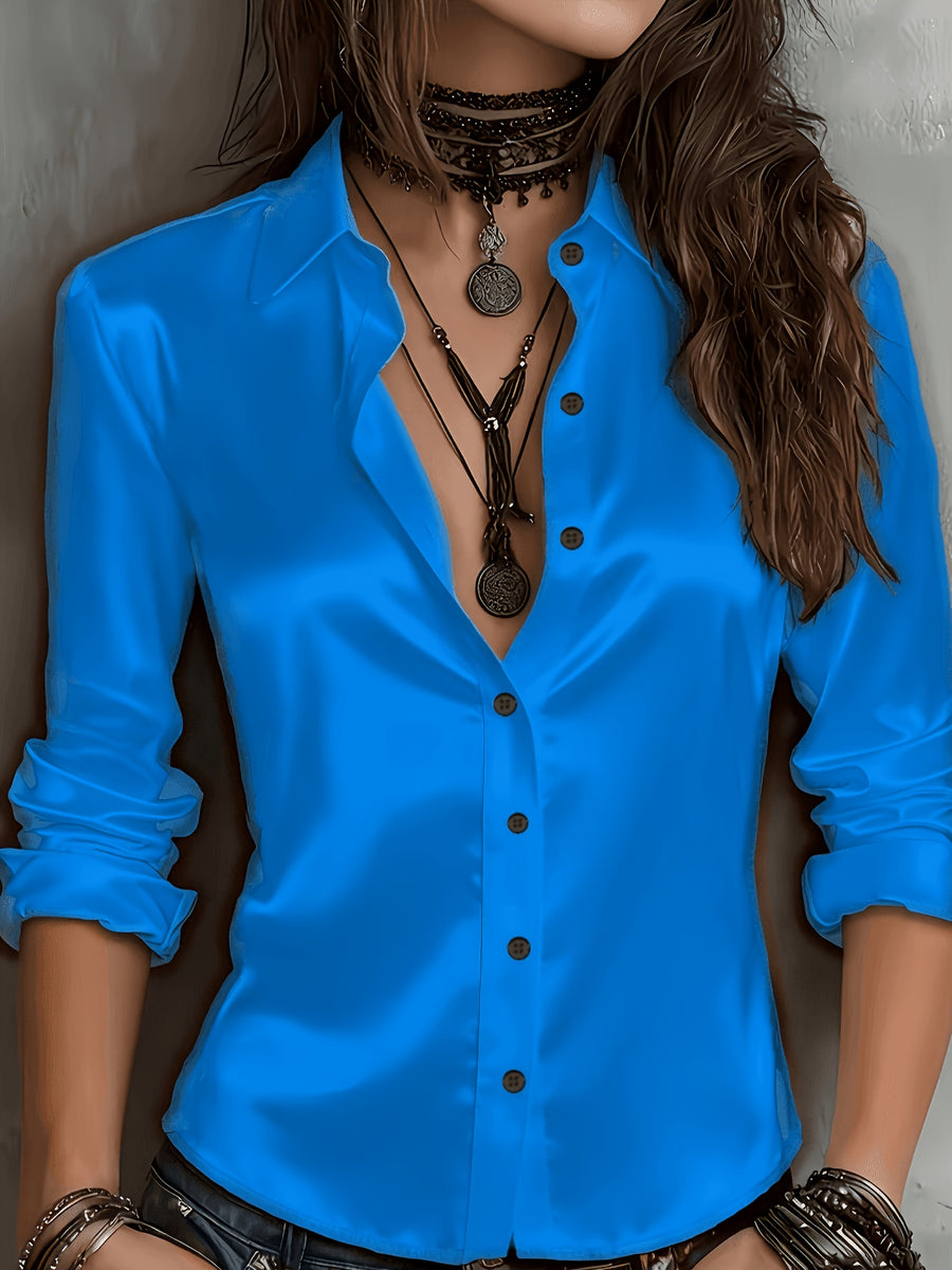 Women'S All-Season Temperament Commuter Satin Shirt - Sky Blue