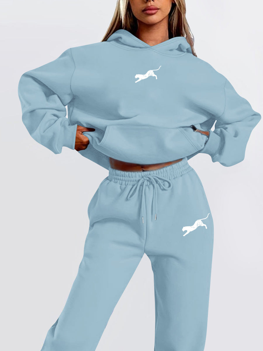 Women's Winter Casual -Lined Thickened Hooded Sweatshirt and Sweatpants Two-Piece Set - Sky Blue