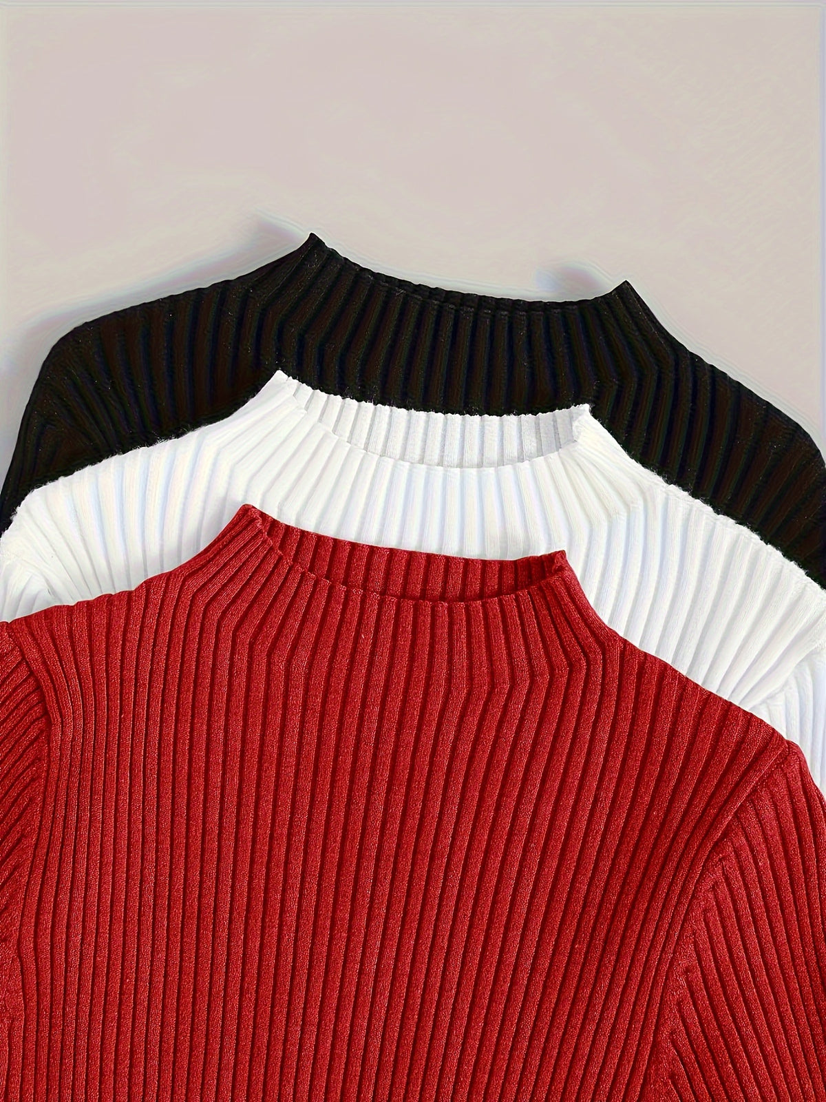 3pcs Set Stand Collar Ribbed Base Layer Stretch Plain Color Versatile Vintage - Multicolor 6