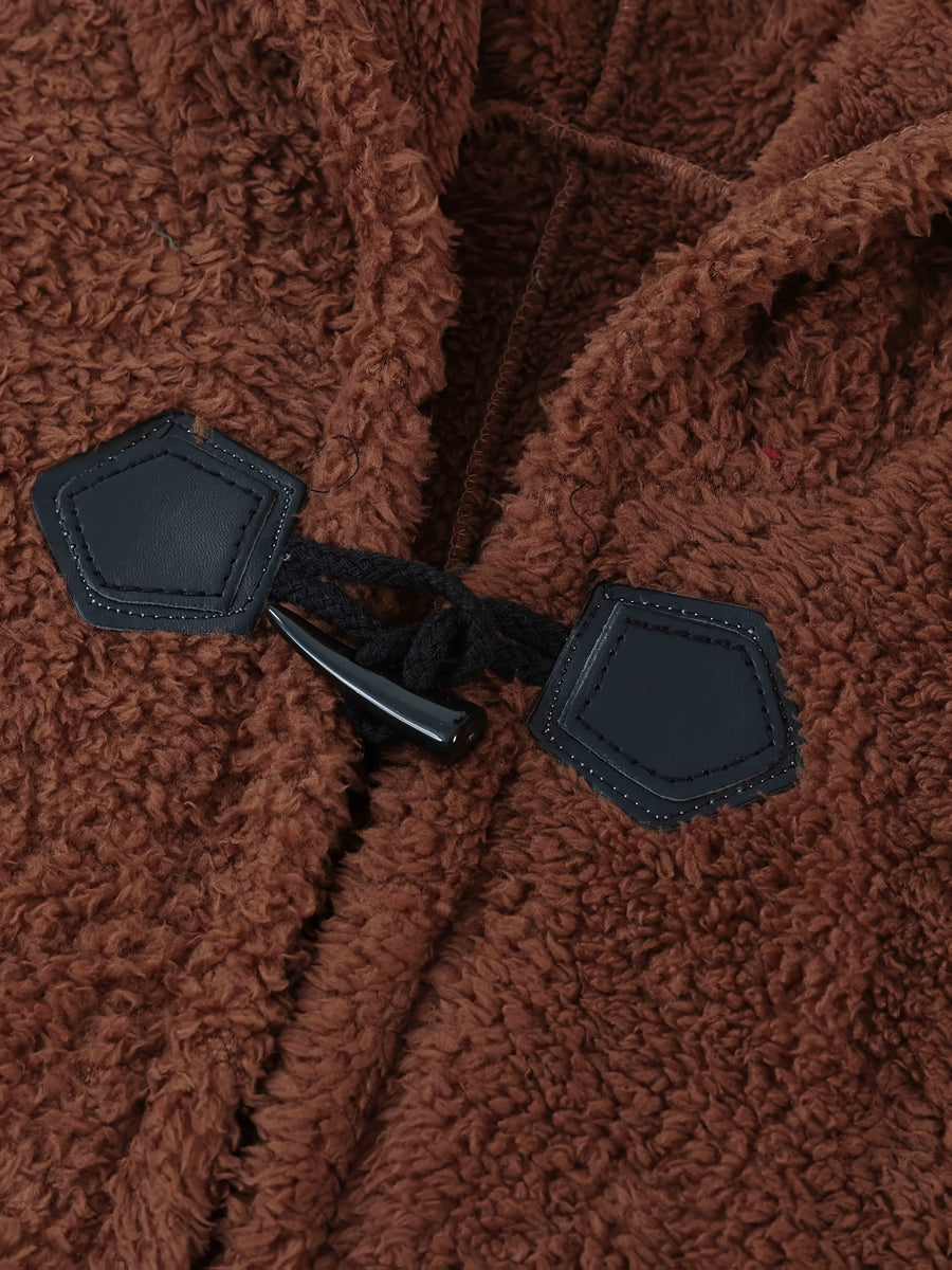 Plus Size - 1pc Faux Horn Button Size Free Solid Color Fashion Hooded Cape - Dark Brown