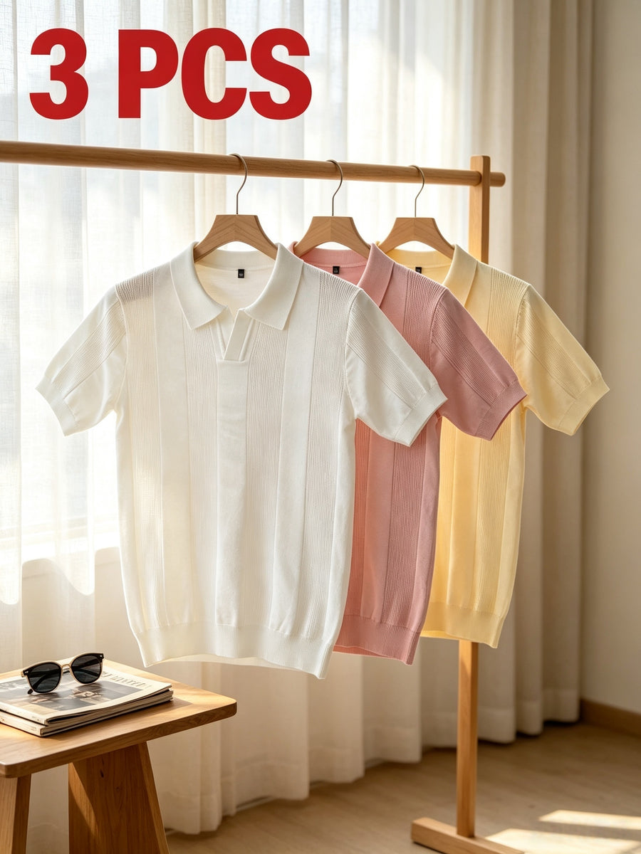 Men'S 3pcs Old Money Johnny Collar Vertical Textured Knit Polo Shirts, Breathable Casual Short Sleeve Tops, Multi-Color Set for Business Golf Vacation Summer Wear - White-pink-yellow