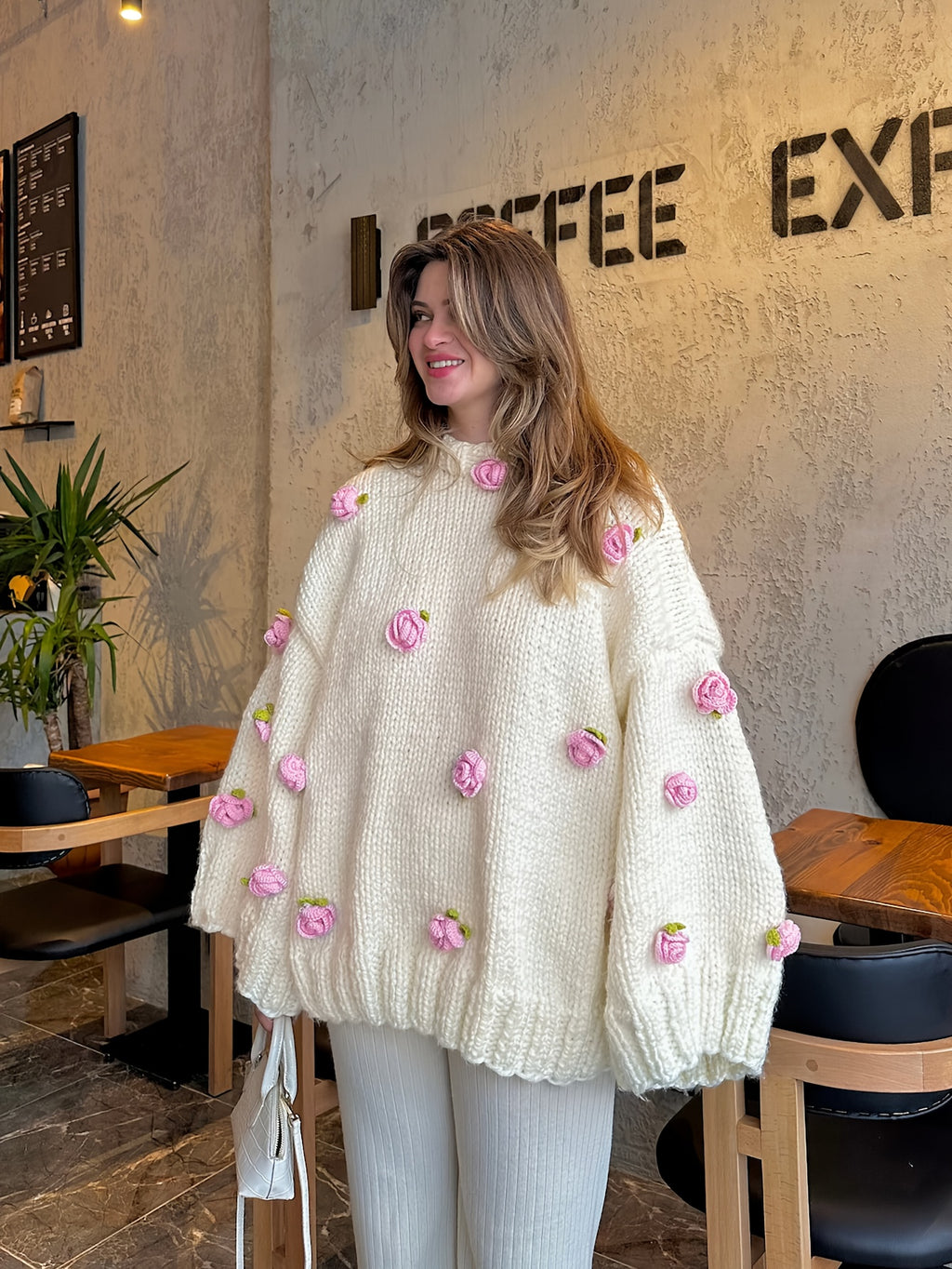 Women's Autumn Sweater, Fashionable Hand-Crocheted Sweater for Women, Winter Sweater, Oversized Top Winter Coat - Off-white