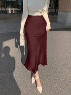 Spring/Summer Women's Slim-Fit Solid Color Satin Mermaid Skirt - Burgundy