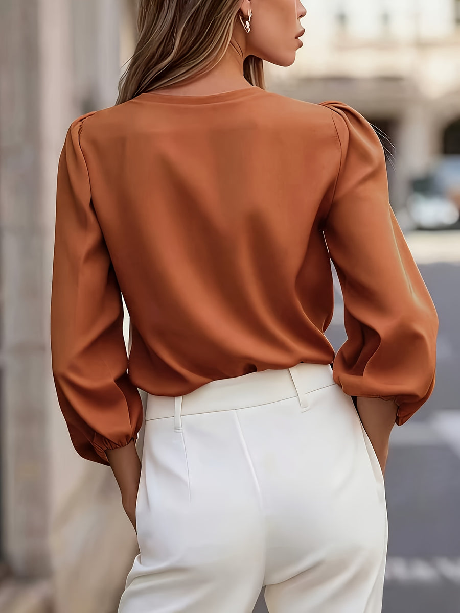 A Solid Color V-Neck Lantern Sleeve Shirt for Women, Stylish And Versatile, Essential for Commuting - Brown