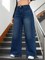 Women'S High-Waist Stretch Wide-Leg Jeans, Classic Washed Denim Style Loose Casual Trousers, Suitable for Daily Outings, Shopping, Dates, And Other Occasions. Durable Denim Fabric, Black Long Pants with Cuffs - Medium Blue