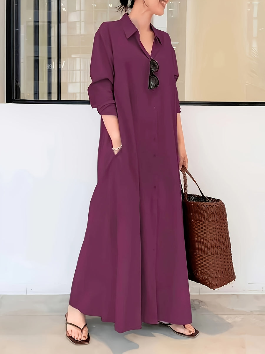Women's Button- Shirt Dress with Long Sleeves and Pockets, Spring Shirt Collar Autumn Dress - Deep Red