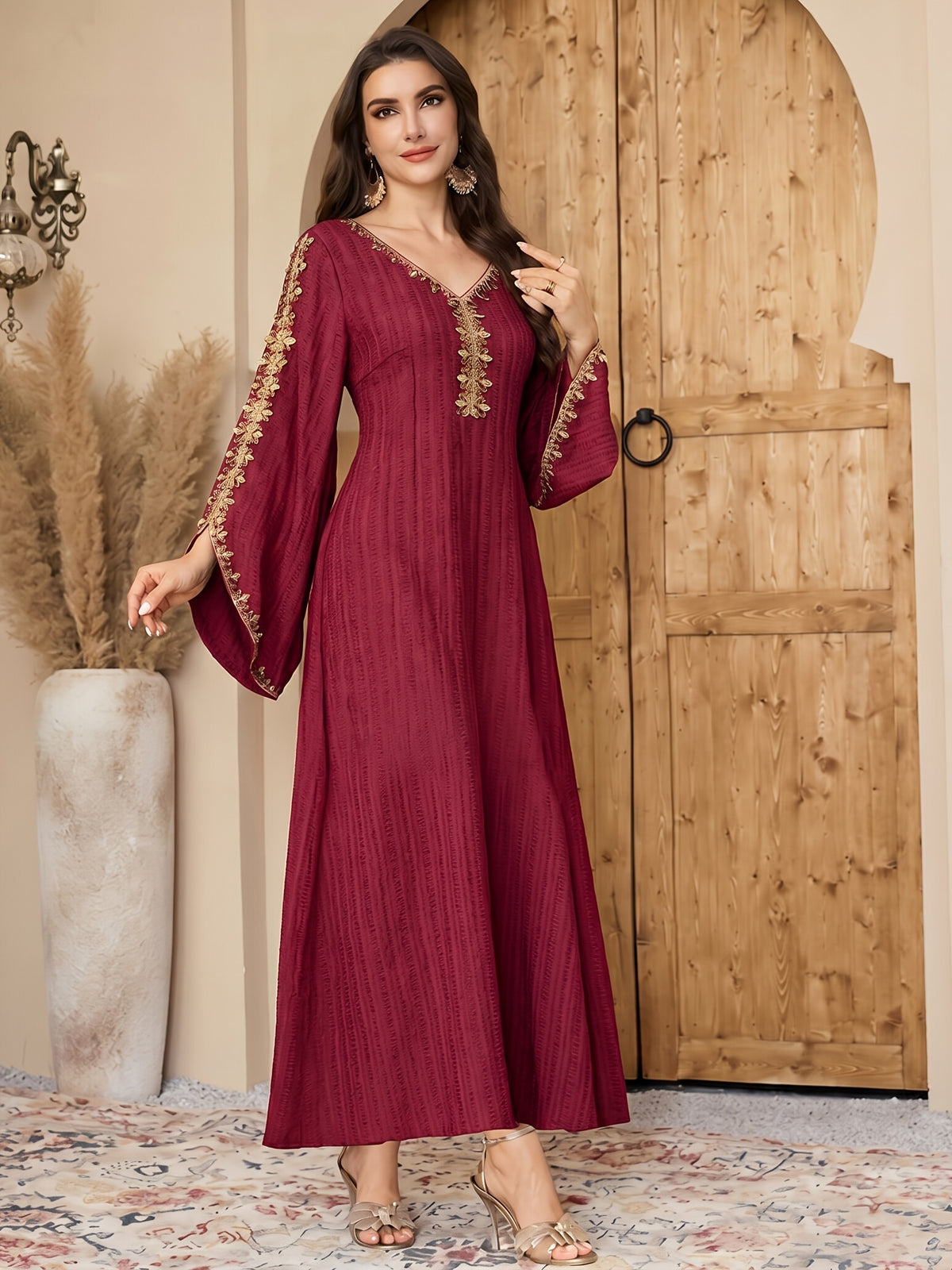 Women's Elegant Arabic Style -Line Maxi Dress with Lace Bell Sleeves & Round Neck - Solid Color Suitable for Weddings, Parties, Special Occasions, Spring Summer Fall Dresses - Burgundy