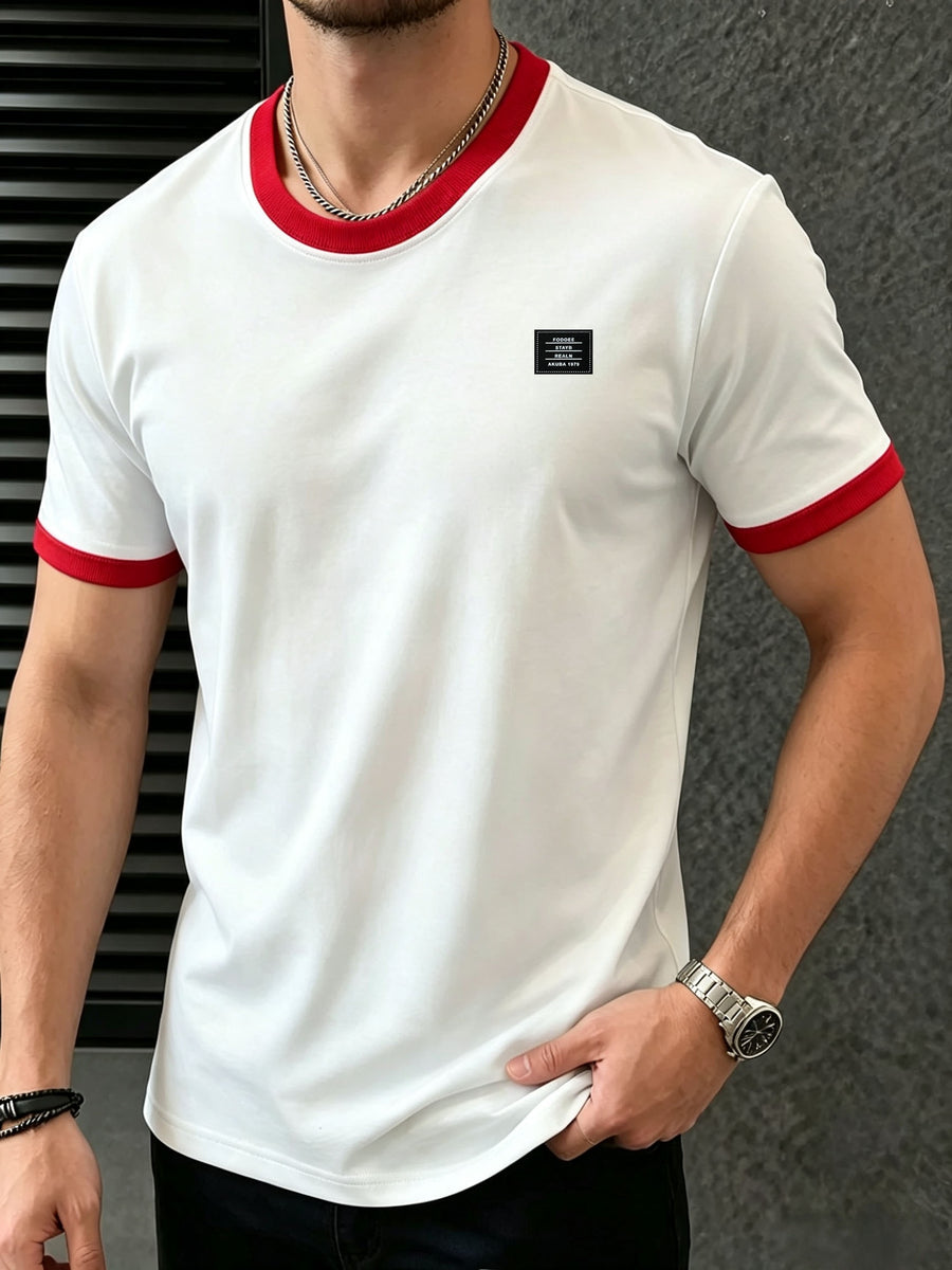 Men's 95% Polyester T-Shirt with Color-Block Patch & Badge Detail - Crew Neck Base Layer Suitable for Casual, Sportswear, All-Season Wear, Machine Washable, High-Fit Regular Fit Top for Layering and Everyday Use - White Fight Red
