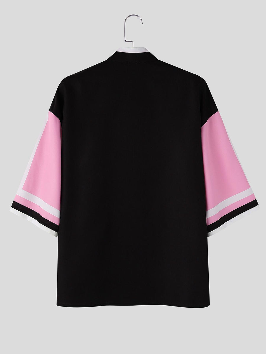 Men Casual Tops Funny Print Stand Collar Short Sleeve Loose Thin Outdoor Street Summer Vacation Hippy Shirt - Pink