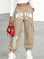 New Arrival - Women's Cargo Pants Sold Individually, Cute and Fun Patterned Letter Print Work Pants with Multiple Pockets, Featuring Digital Cartoon Patterns, Cargo Pants Style, Long Pants for Fashionable Aged 18-25, Machine Washable, Durable Fabric - Khaki