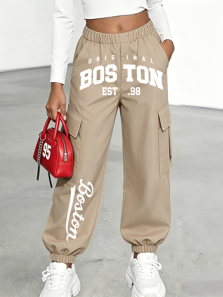 New Arrival - Women's Cargo Pants Sold Individually, Cute and Fun Patterned Letter Print Work Pants with Multiple Pockets, Featuring Digital Cartoon Patterns, Cargo Pants Style, Long Pants for Fashionable Aged 18-25, Machine Washable, Durable Fabric - Khaki