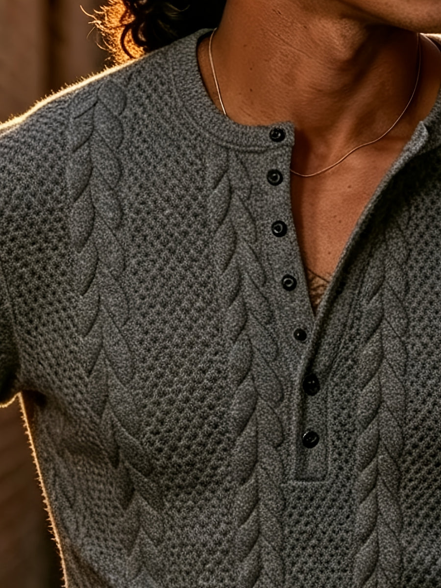 Back-To-School Season Men'S White Stretch Knit Long Sleeve Top, Henley Collar Pinstripe Textured Button-Up Shirt, Light Mature Korean Style Outfit, Early Autumn Fitted Style, Campus Outing And Weekend Shopping Knitwear - Dark Gray