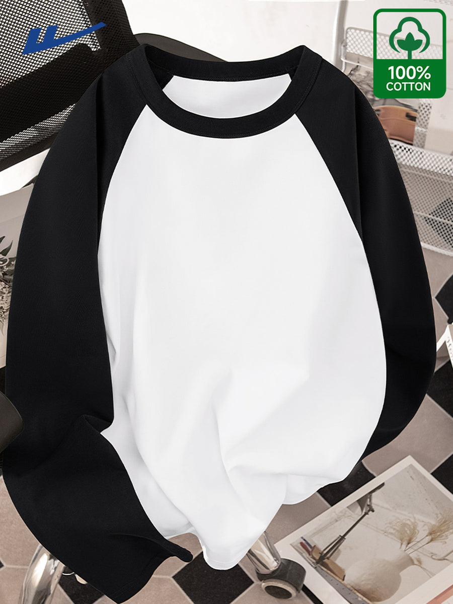 Huairui 100% Pure Color-Block Raglan Long Sleeve T-Shirt for Men, Crew Neck, Color Spliced, Casual, Versatile Base Layer for Spring and Autumn - Black