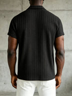 Men'S Crochet Knit Camp Collar Shirt, Short Sleeve Button- for Beach Vacation Casual Daily Wear - Black