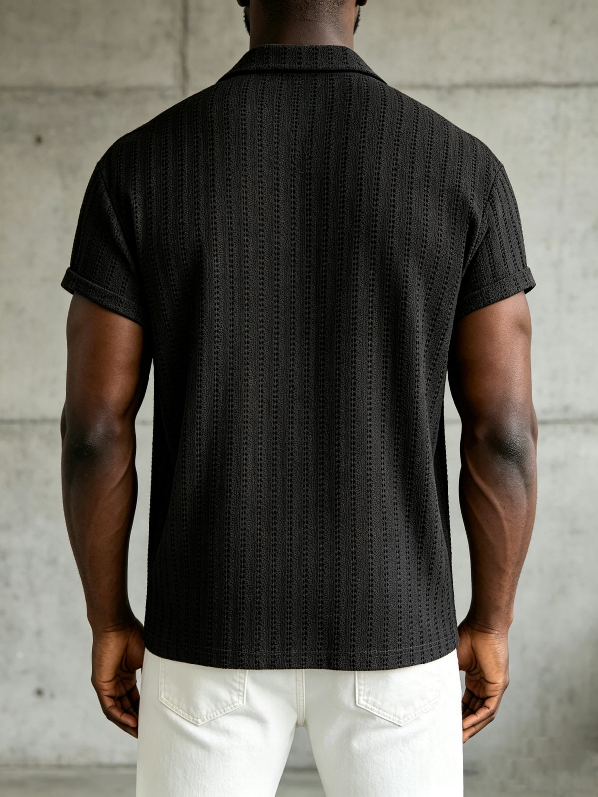 Men'S Crochet Knit Camp Collar Shirt, Short Sleeve Button- for Beach Vacation Casual Daily Wear - Black