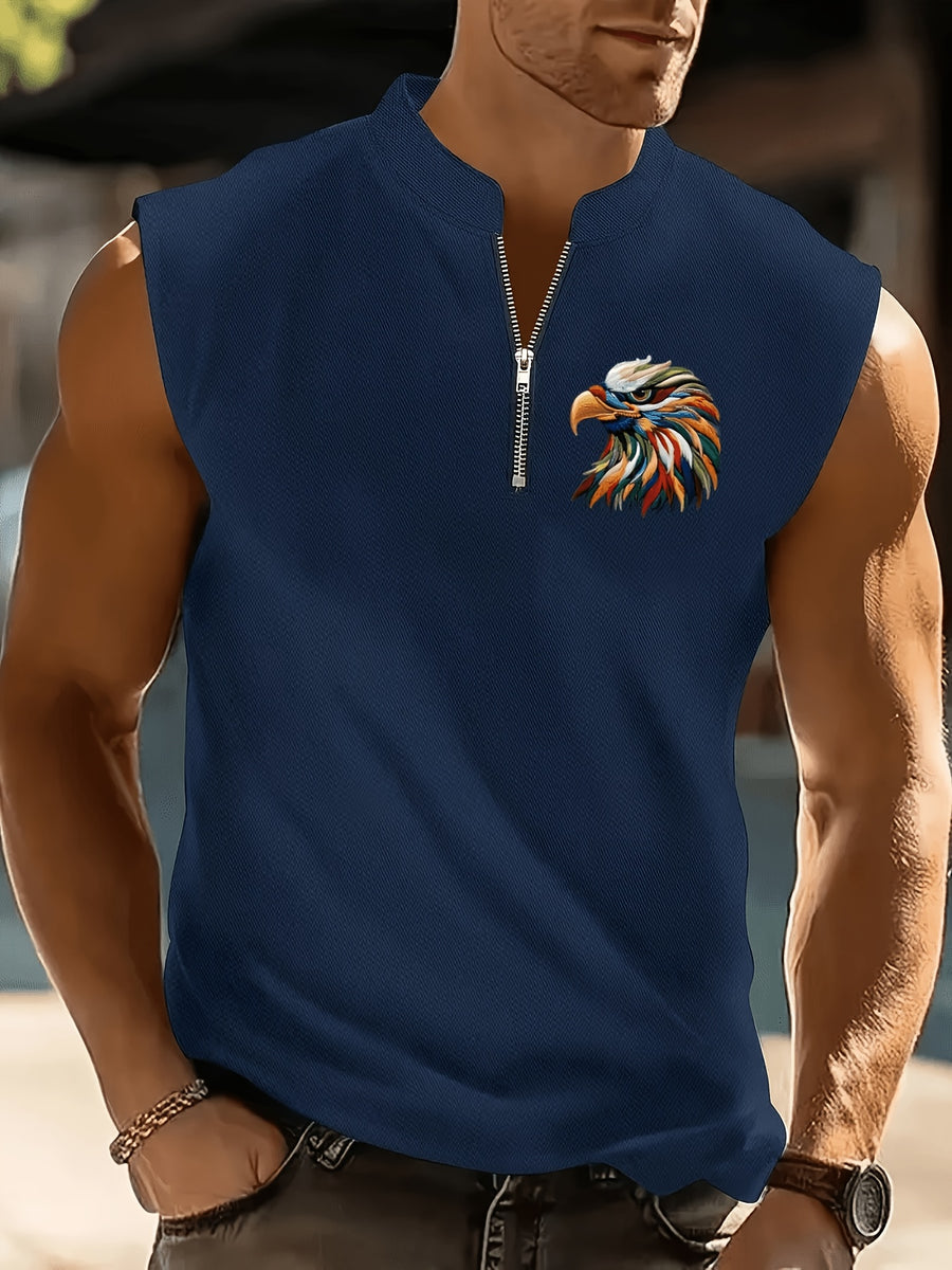 Men'S Summer New Style Sleeveless Zipper Henley Shirt, Outdoor Fitness Sports Comfortable Casual Fashion Sleeveless POLO Top - Navy Color