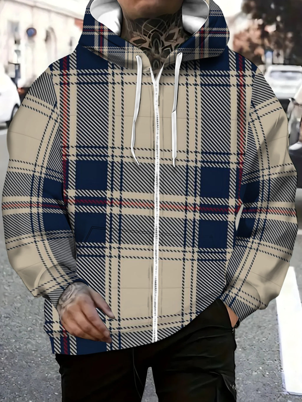 [Printed Design - Not Textured] Men's PolyesterPlaid Hooded Zip-Up Jacket for Casual Outdoor Wear, Beige Blue Red Pattern, Lightweight Comfortable Design for Daily Use - Mixed colors