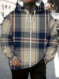 [Printed Design - Not Textured] Men's PolyesterPlaid Hooded Zip-Up Jacket for Casual Outdoor Wear, Beige Blue Red Pattern, Lightweight Comfortable Design for Daily Use - Mixed colors