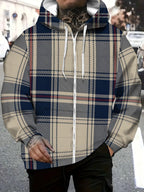 [Printed Design - Not Textured] Men's PolyesterPlaid Hooded Zip-Up Jacket for Casual Outdoor Wear, Beige Blue Red Pattern, Lightweight Comfortable Design for Daily Use - Mixed colors