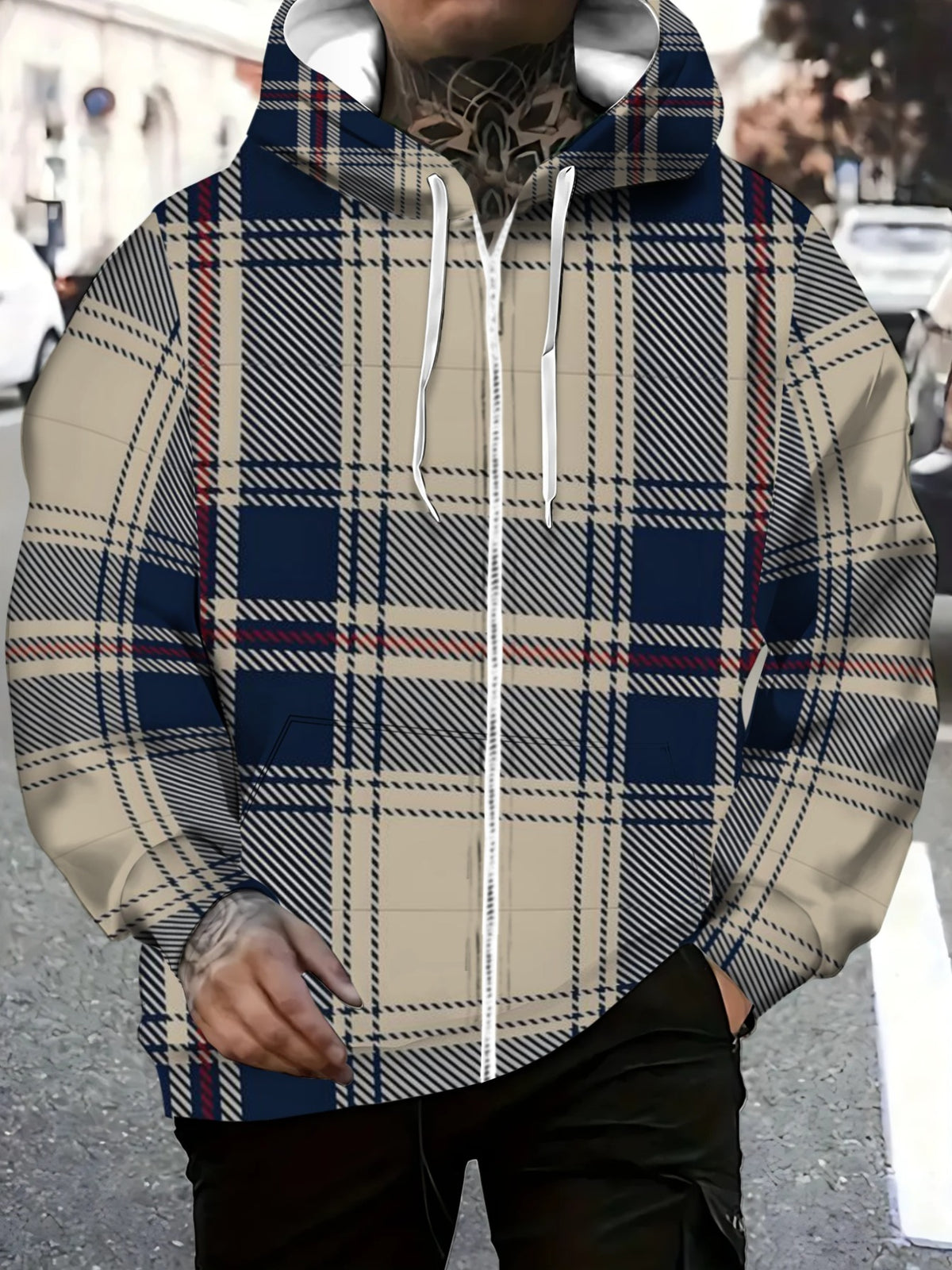 [Printed Design - Not Textured] Men's PolyesterPlaid Hooded Zip-Up Jacket for Casual Outdoor Wear, Beige Blue Red Pattern, Lightweight Comfortable Design for Daily Use - Mixed colors