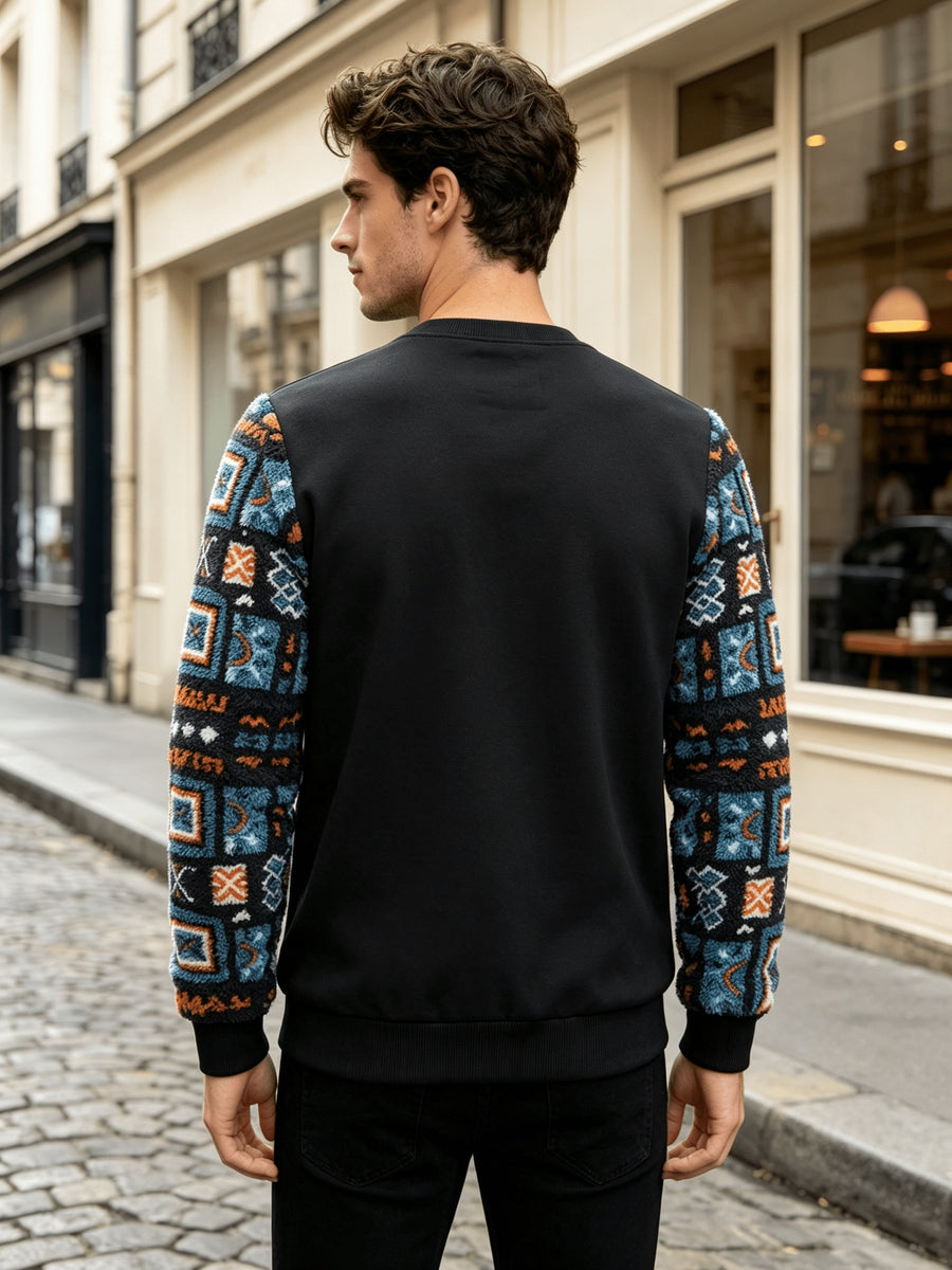 Men's Autumn/Winter Crew Neck Plush Sweatshirt, Featuring a Vintage Jacquard Plush Sleeve with Color Block Patchwork Pattern and Solid Color Design, Made from Wrinkle-resistant Soft Knitted Fabric. It Is Highly Practical and Suitable for Students' - Black