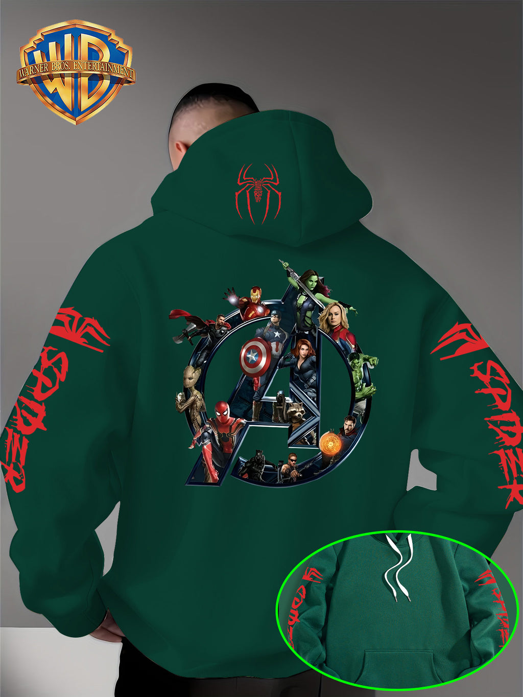 Men'S Trendy Fall Hoodie, American Superhero Collection Print Hooded Sweatshirt, Unisex Loose Street Style Casual Top. Casual Daily Style with Drawstring Design, Long Sleeve Knit Sweater, Machine Washable, Perfect for Casual, Athletic - Green