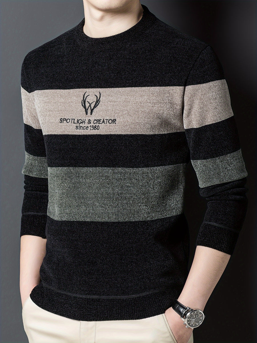 New Winter Striped Men'S Round-Neck Sweater, Fleece-Lined for Comfort, Stylish And Casual, Warm Pullover Knit Top, Thick Winter Men'S Clothing - Olive Green
