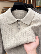 Men's Lapel-neck Autumn/winter Warm Sweater, Classic Cable Knit Texture with Soft, Skin-friendly Fabric, Casual and Fashionable Everyday Knitwear - Off-white