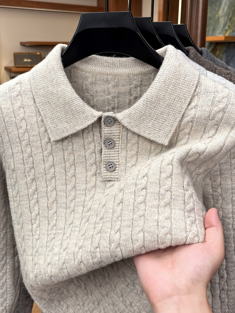 Men's Lapel-neck Autumn/winter Warm Sweater, Classic Cable Knit Texture with Soft, Skin-friendly Fabric, Casual and Fashionable Everyday Knitwear - Off-white
