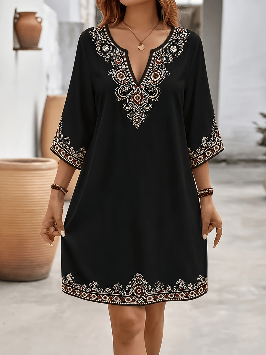 Fashionable Elegant Bohemian Ethnic Style Printed V-Neck Short Sleeve Loose Casual Dress - Black