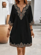 Fashionable Elegant Bohemian Ethnic Style Printed V-Neck Short Sleeve Loose Casual Dress - Black