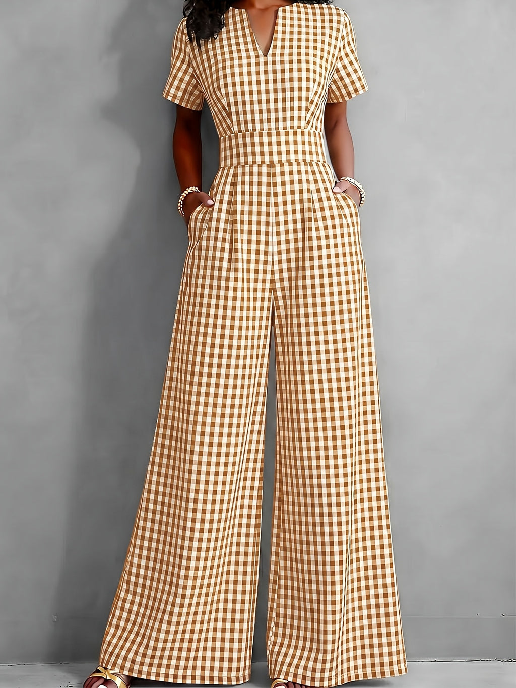 2026 Spring Summer New Plaid V-Neck Short Sleeve Jumpsuit Women'S High-Waist Wide-Leg Straight Long Pants, Women'S Commute Casual Two-Wear Jumpsuit, High-Waist Waist-Cinching Design with Flowing Wide-Leg Trousers - Light Brown-1