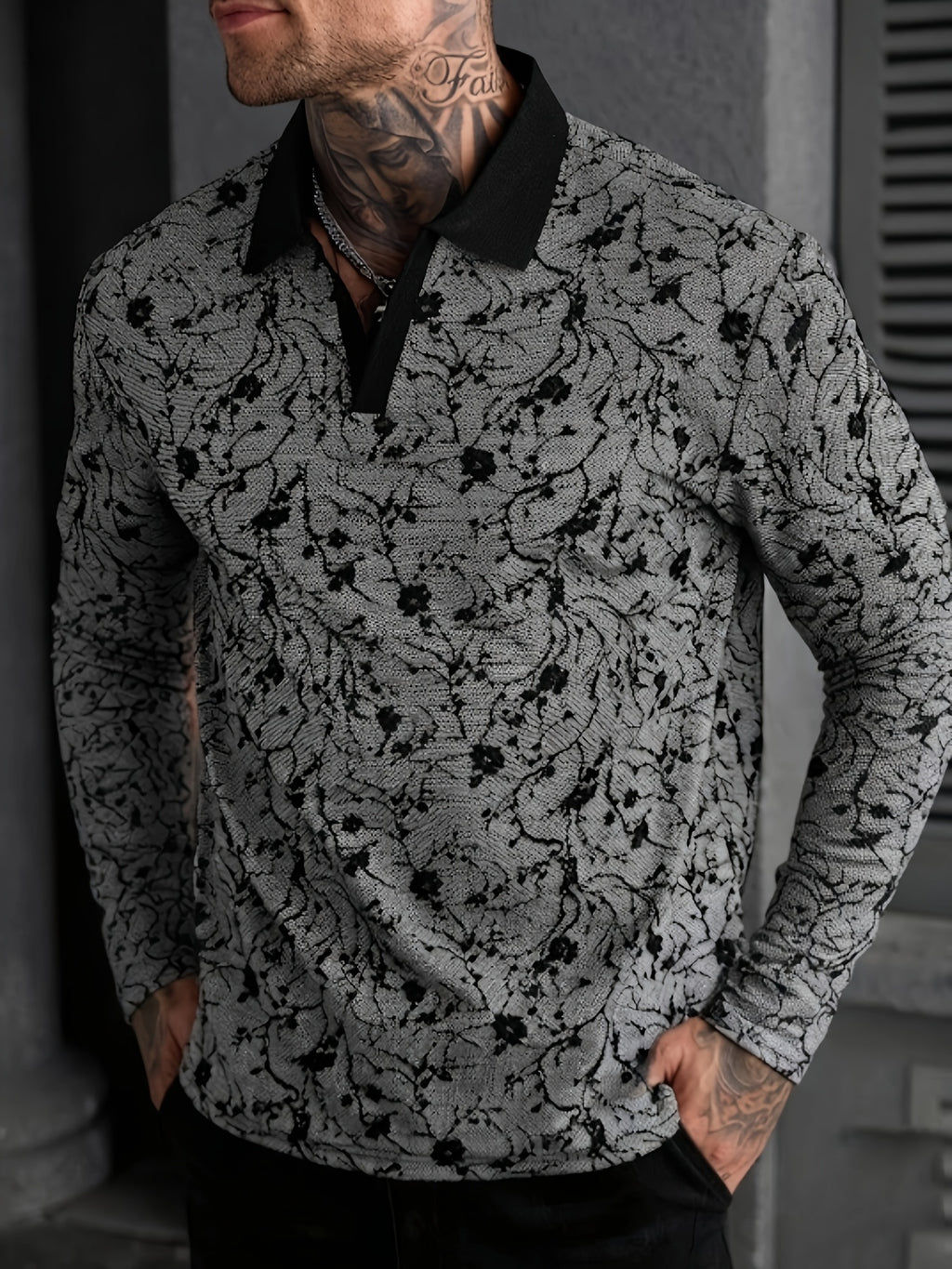 SODIMIU Vintage V-Neck Casual Long Sleeve Dark Pattern Jacquard Lapel Henley Shirt Men'S Top Business Casual Daily Party - Dark Gray