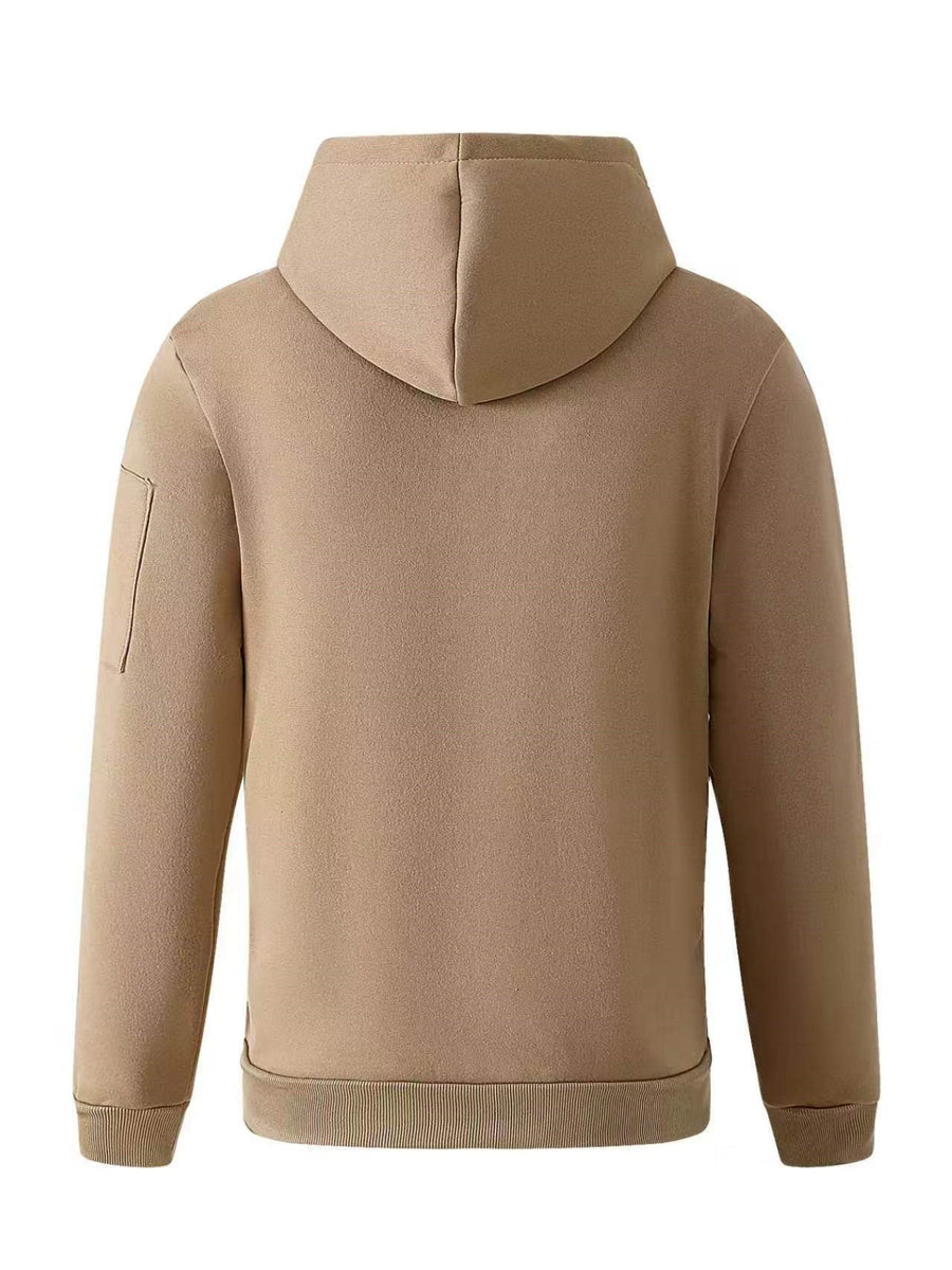 American-style Casual Men's Pullover Hoodie with Half-zipper Neckline, Utility-style Multi-pocket Design, "GYM" Fitness Letter Print, Simple, Stylish, and Versatile Long-sleeve Sweatshirt - Khaki