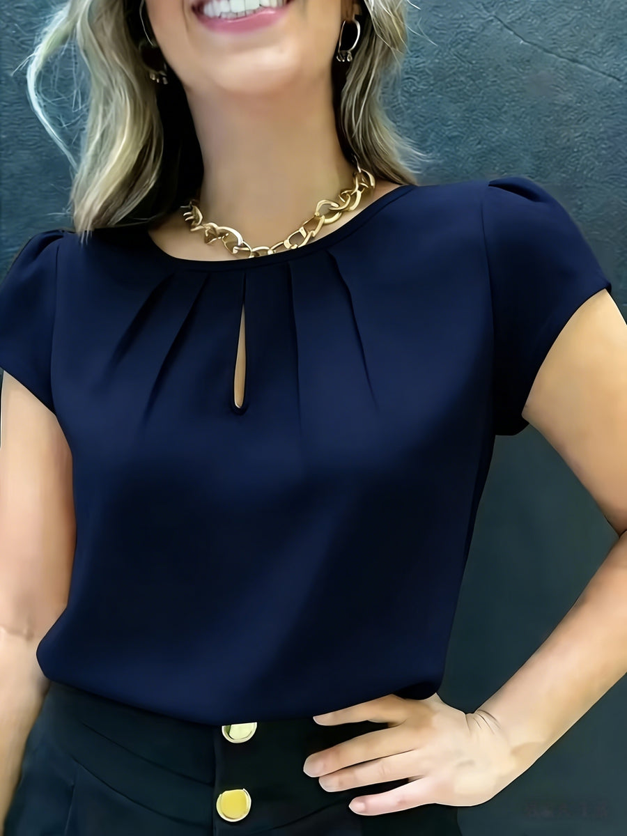 Elegant Fashion Solid Color Round Neck Top for Women - Navy Color