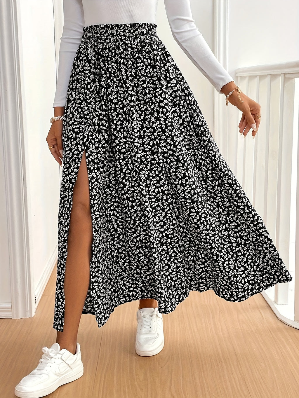 Elegant French-Style High Slit Skirt for Women - Black with White Floral Print, Polyester & Spandex, Smooth Glossy Texture, Woven Construction, Versatile for All Seasons - Mixed colors