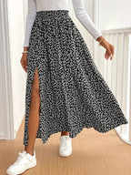 Elegant French-Style High Slit Skirt for Women - Black with White Floral Print, Polyester & Spandex, Smooth Glossy Texture, Woven Construction, Versatile for All Seasons - Mixed colors