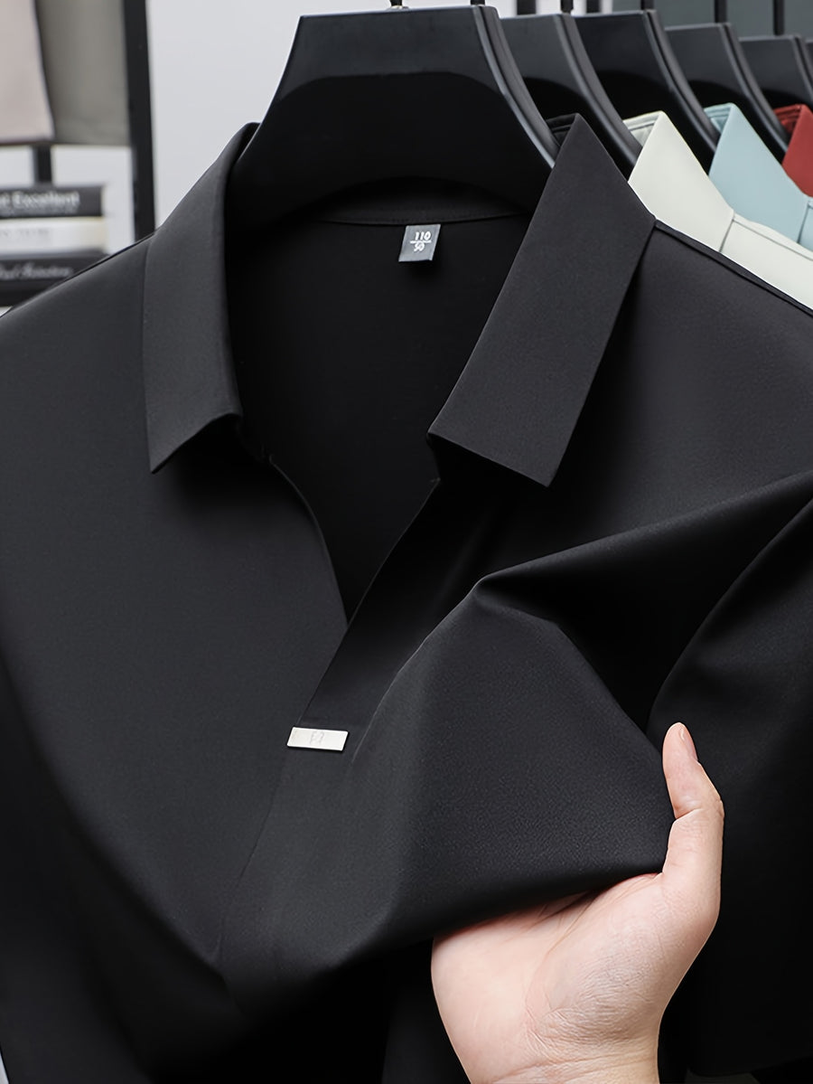 Summer New Men'S Short Sleeve Shirt Outerwear Fashion Trendy All-Match V-Neck Polo Collar - SINBOS - Black