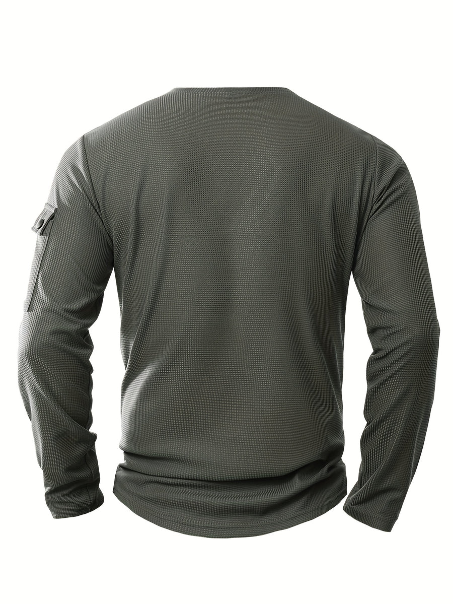 3pcs Men'S Spring Autumn New Waffle Check Fake Two-Piece Round Neck Long Sleeve Shirt Easy Armbag Design Fashion Trendy Convenient Daily Commuting Sports Fitness Wear - Khaki+Gray+Green