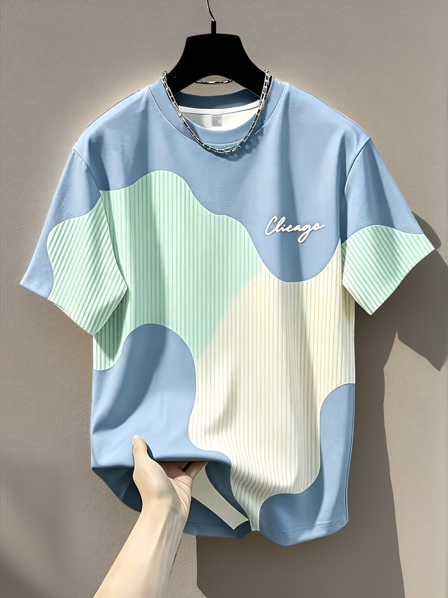 [Print Design - Non-Textured] Men'S Short Sleeve T-Shirt - Ins Style Loose Comfortable Casual Round Neck Top with Striped Wave Elements - Chicago Letter Print Design, Thin And Breathable, Machine Washable, Suitable for Office Commute - Mixed Color