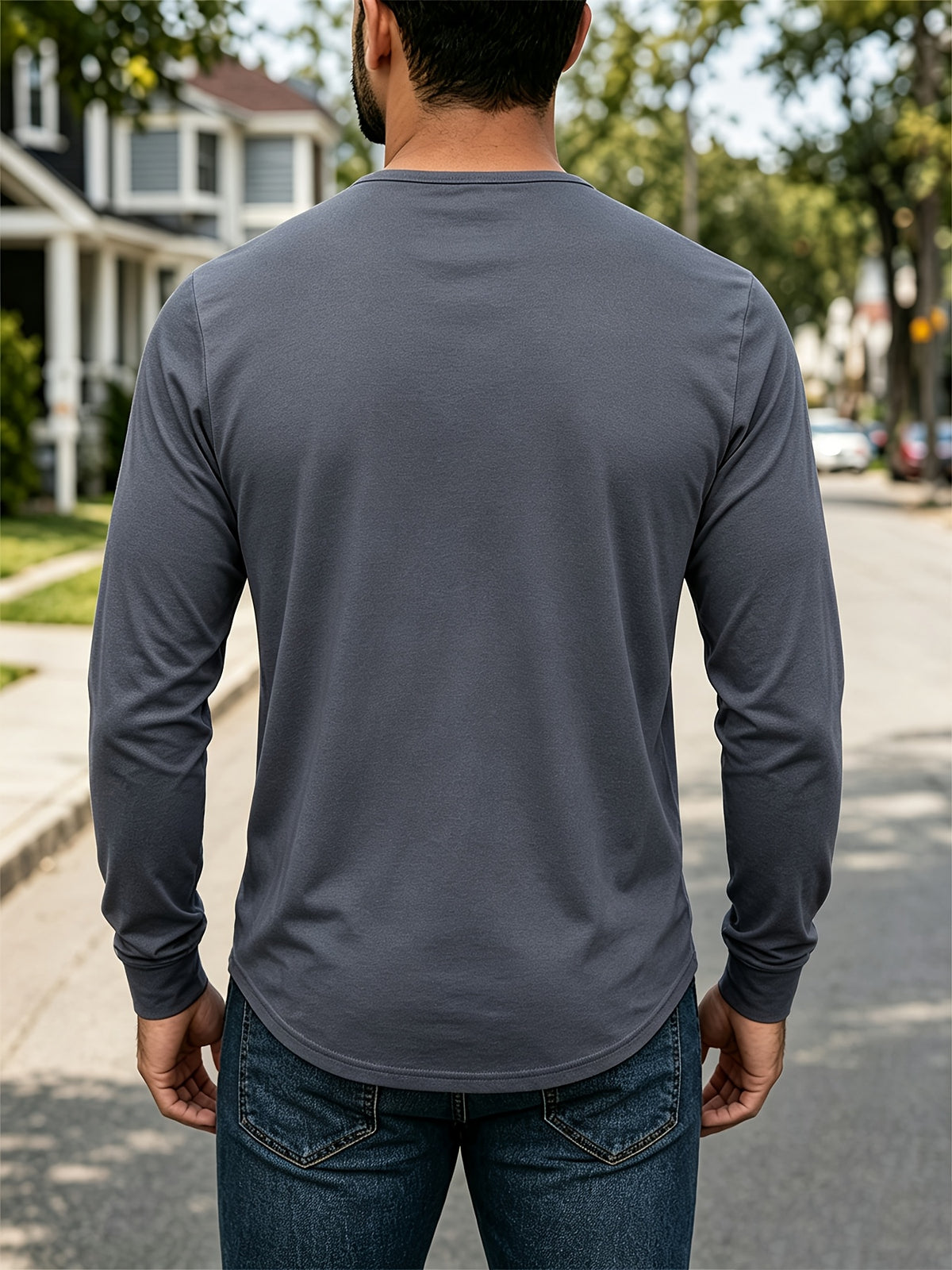 4pcs Set of Men's Spring, Autumn, and Winter Henley Neck Long-Sleeve T-Shirts, Breathable Vintage Casual Solid Color Half-Open Collar Tops, Comfortable and Versatile Base T-Shirts, Suitable for Daily Commuting, Light Business, Home, Sports - Blue + Dark Gray + Maroon + Brown