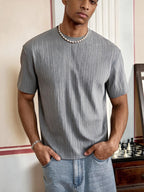 Three-pc Men's Vertical Rib Texture Short-Sleeve T-Shirt, Black/White/Gray Three-Color Crew Neck Breathable Stretch Base Layer Solid Color Basic Half-Sleeve Top - White pairs with black, black pairs with gray