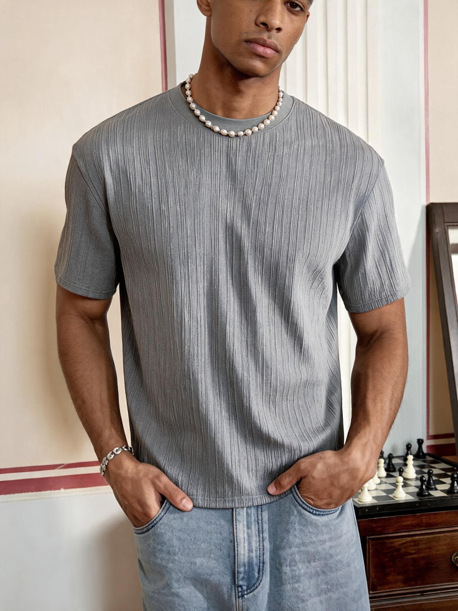 Three-pc Men's Vertical Rib Texture Short-Sleeve T-Shirt, Black/White/Gray Three-Color Crew Neck Breathable Stretch Base Layer Solid Color Basic Half-Sleeve Top - White pairs with black, black pairs with gray