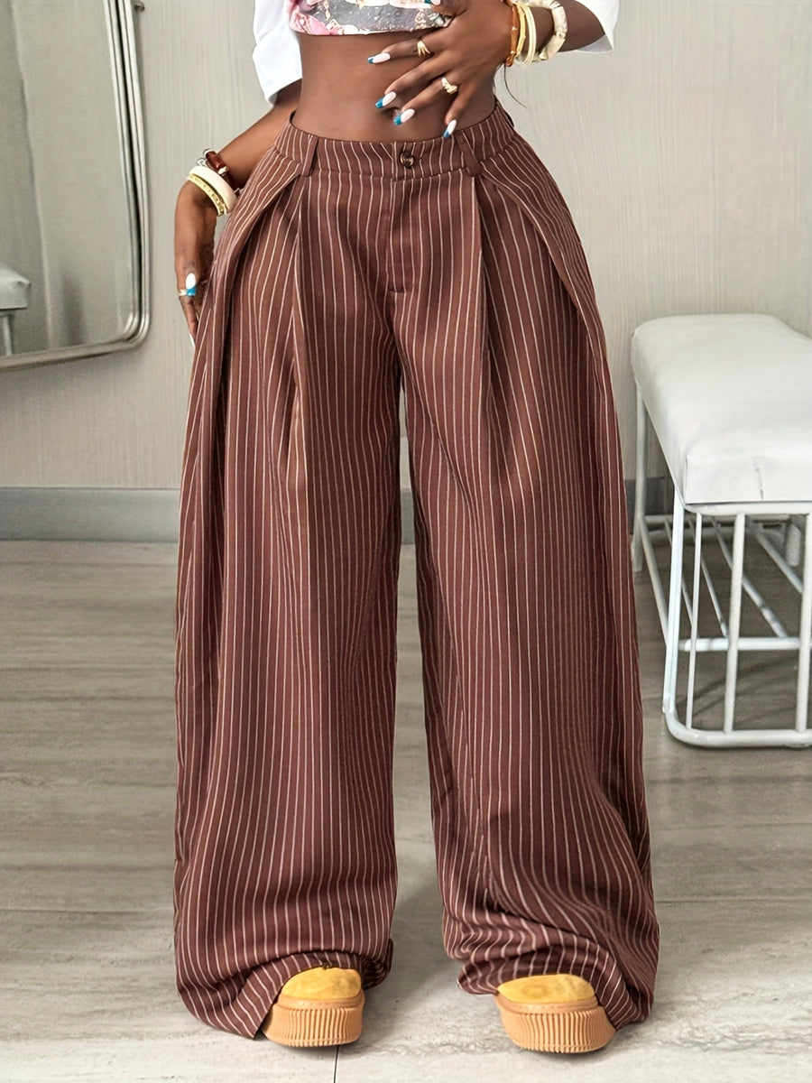 Women's Autumn/Winter Cool Vintage Casual Street Style Oversized Brown Curved Hem Striped Cargo Pants - Loess Ochre