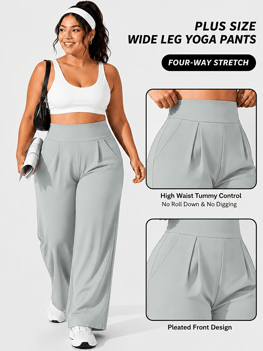 Plus Size Women'S High-Waist Wide-Leg for yoga Pants 0XL-4XL Tummy Control Non-Roll Non-Digging Front Pleated Deep Side Pockets Double-Sided Super Soft 4-Way Stretch Casual Sports Trousers for Yoga Gym Outdoor Work All Seasons - Medium Gray